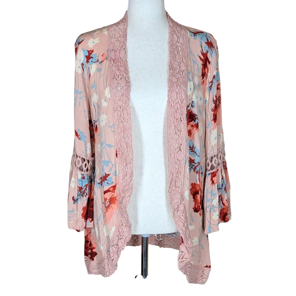 Pink Blush Floral Kimono Lace Trim Open Front Cardigan Boho Cottagecore Size M